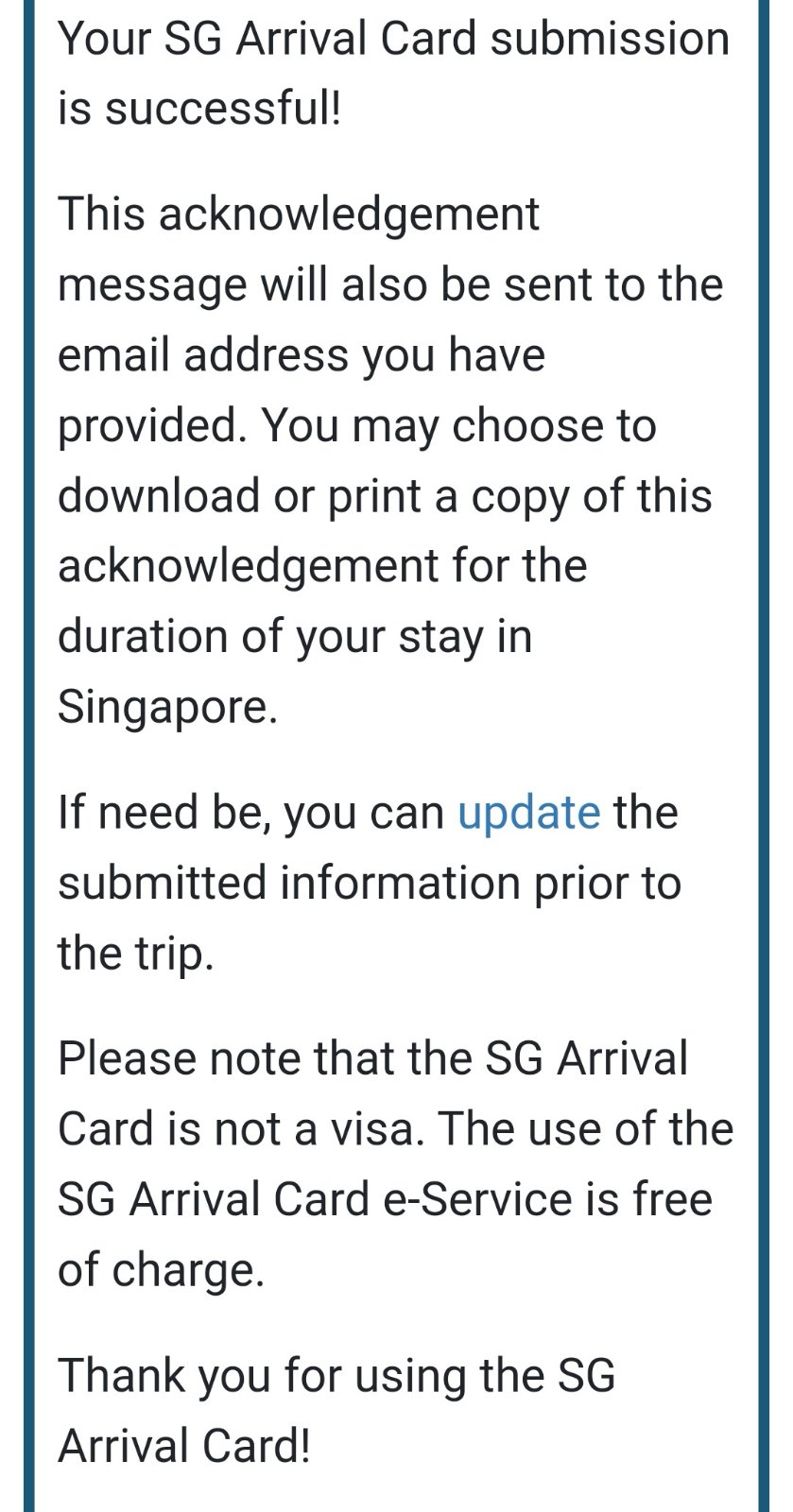 Singapore Arrival Card